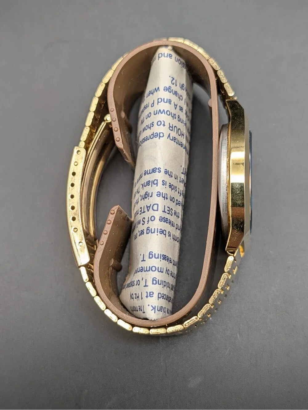 Vintage Nelsonic 808 Gold Tone LCD Digital Quartz Watch Blue Face Paperwork